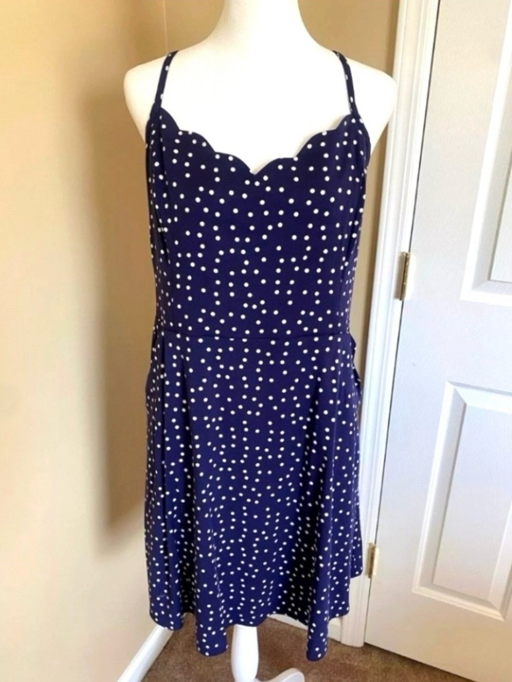 NWT 41 Hawthorn‎ Navy White Polka Dot Dress Size 3x Scalloped Neckline Pockets